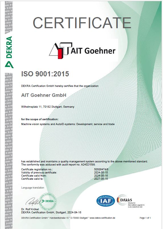 AIT Goehners ISO 9001-2015 Certificate